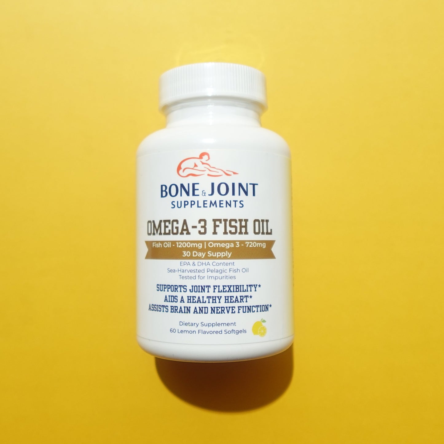 Omega-3 fish oil supplement bottle on a yellow background