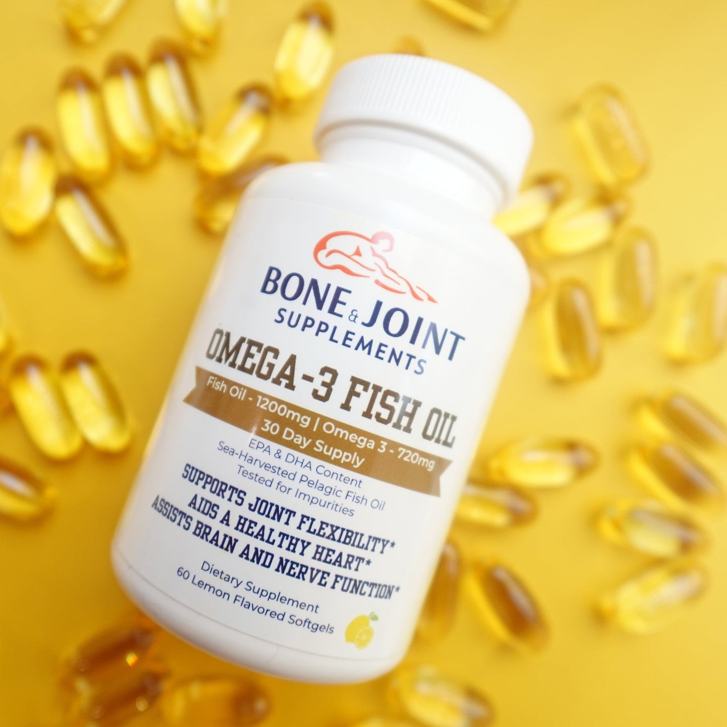 Bottle of Bone Joint Omega-3 Fish Oil with capsules on a yellow background