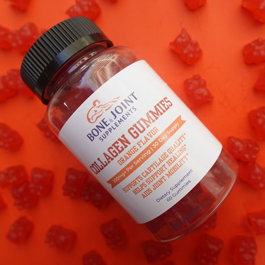 Bottle of Collagen Gummies with a label on an orange background