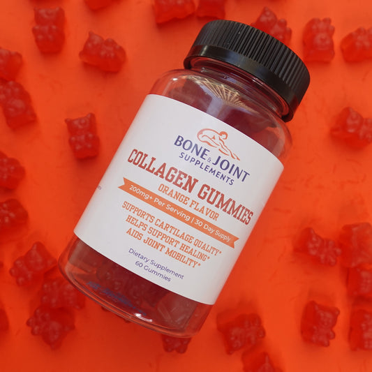 Bottle of collagen gummies with a label on an orange background with more gummies.