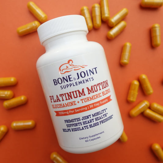Bone & Joint Supplements bottle labeled 'Platinum Motion' with scattered capsules on an orange background